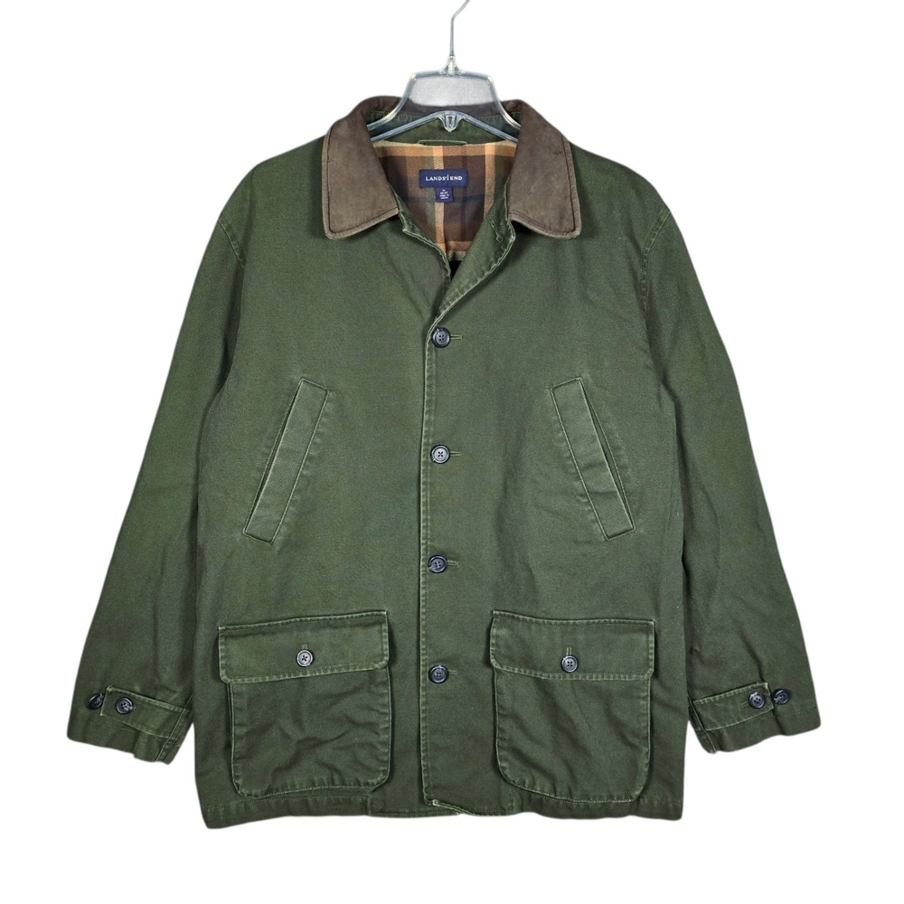 Vintage Lands End Barn Jacket Mens Medium Green Chore Field Coat Plaid Lined